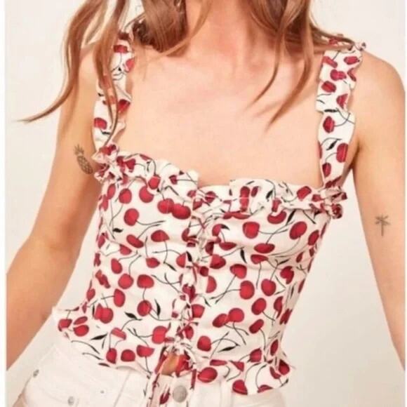 Reformation Corset Bustier Crop Top 10 White Red Cherry Print Linen Lace Up Tank - Picture 2 of 12